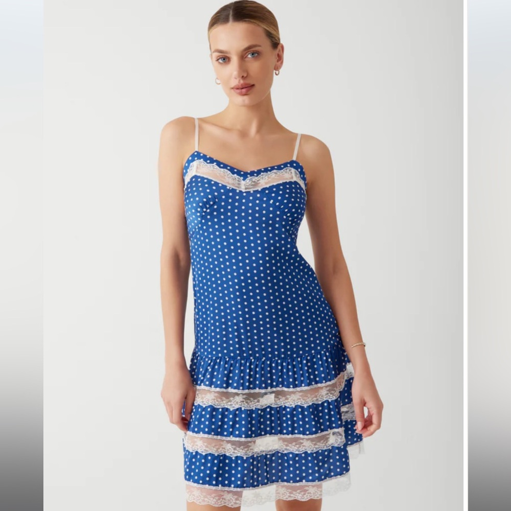 Frankie's Bikinis Blue Polka Dot Midi Dress with White Lace Trim - Picture 2 of 4